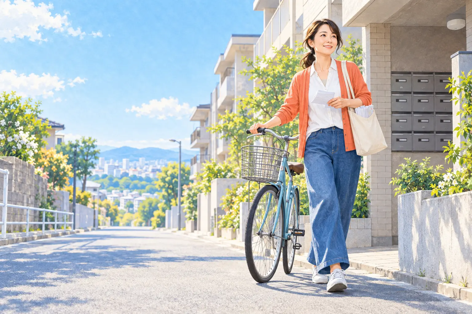 集合住宅のポストを背景に、自転車を押しながらポスティングをする女性のイメージ